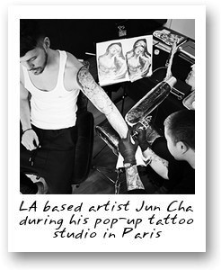 LA based artist Jun Cha during his pop-up tattoo studio in Paris