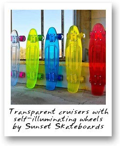 Transparent cruisers with self-illuminating wheels by Sunset Skateboards