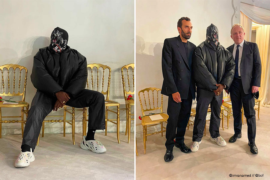 Kanye West affiche en avant-première une nouvelle couleur du blouson YEEZY X GAP au défilé haute couture de Balenciaga